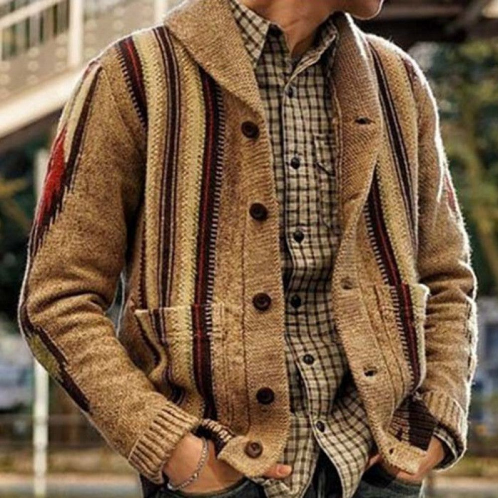 Men's Western Cowboy Button-Up Knitwear Vintage Country Jacquard Lapel Cardigan