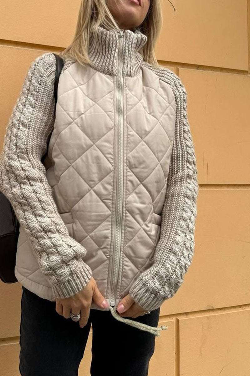 Women's Casual Solid Color Knitted Patchwork Zipped Jacket