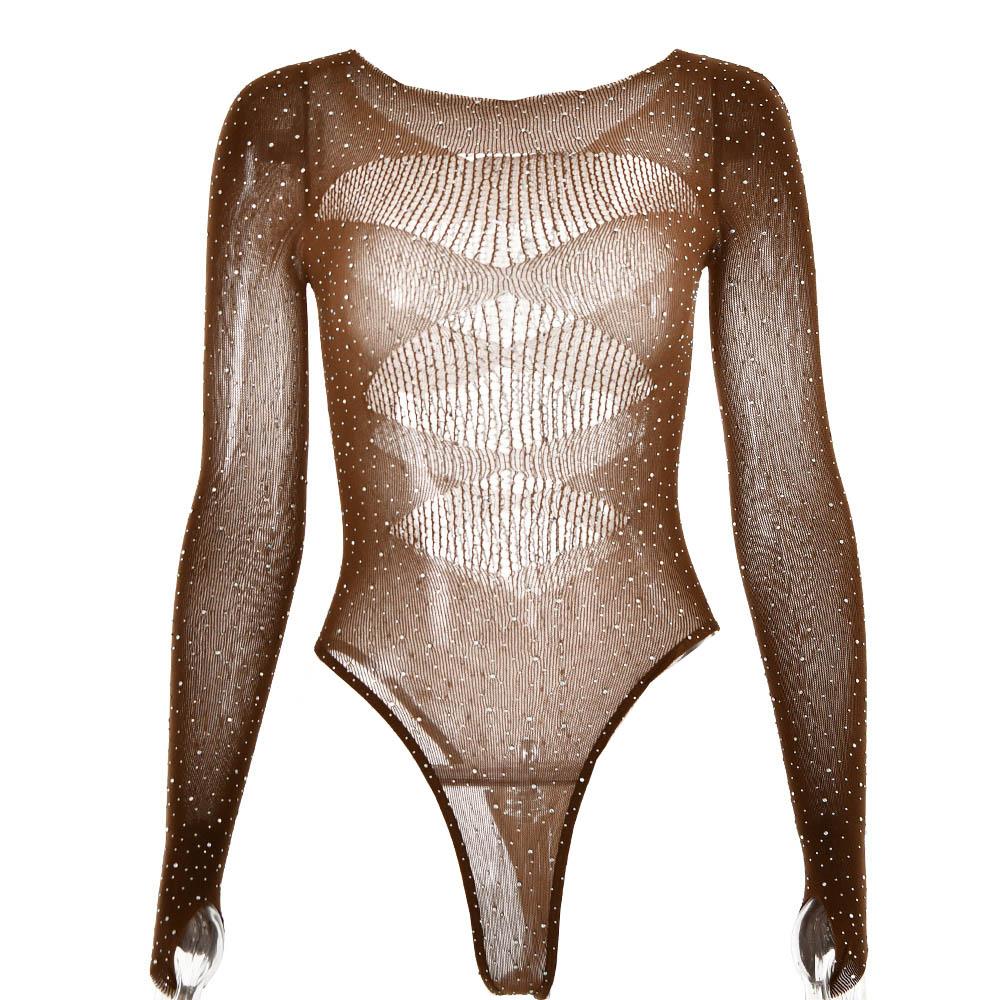 Fishnet solid beaded long sleeve gloves round neck bodysuit