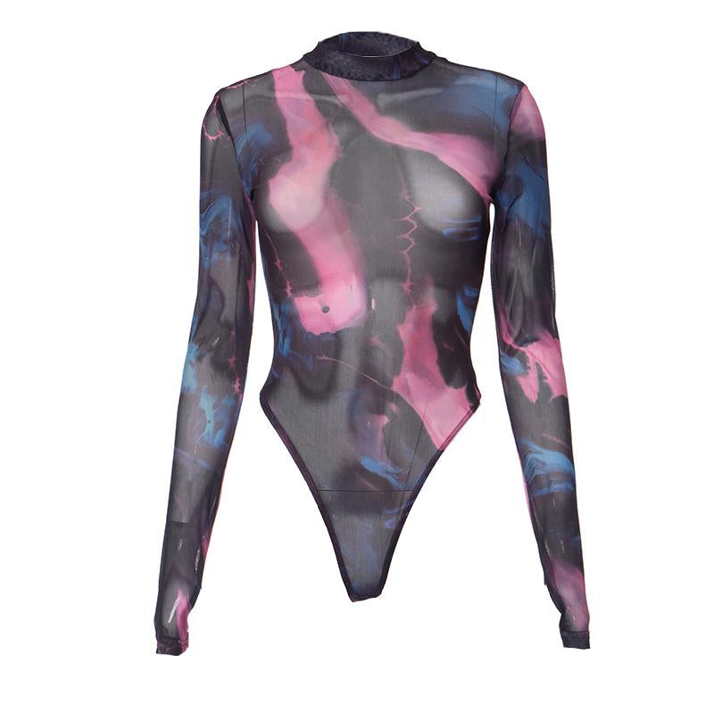 Sheer mesh long sleeve tie dye contrast gloves see through bodysuit