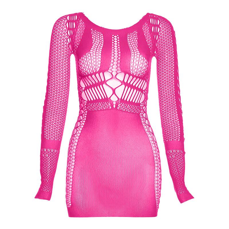 Fishnet long sleeve round neck hollow out see through solid mini dress y2k 90s Revival Techno Fashion