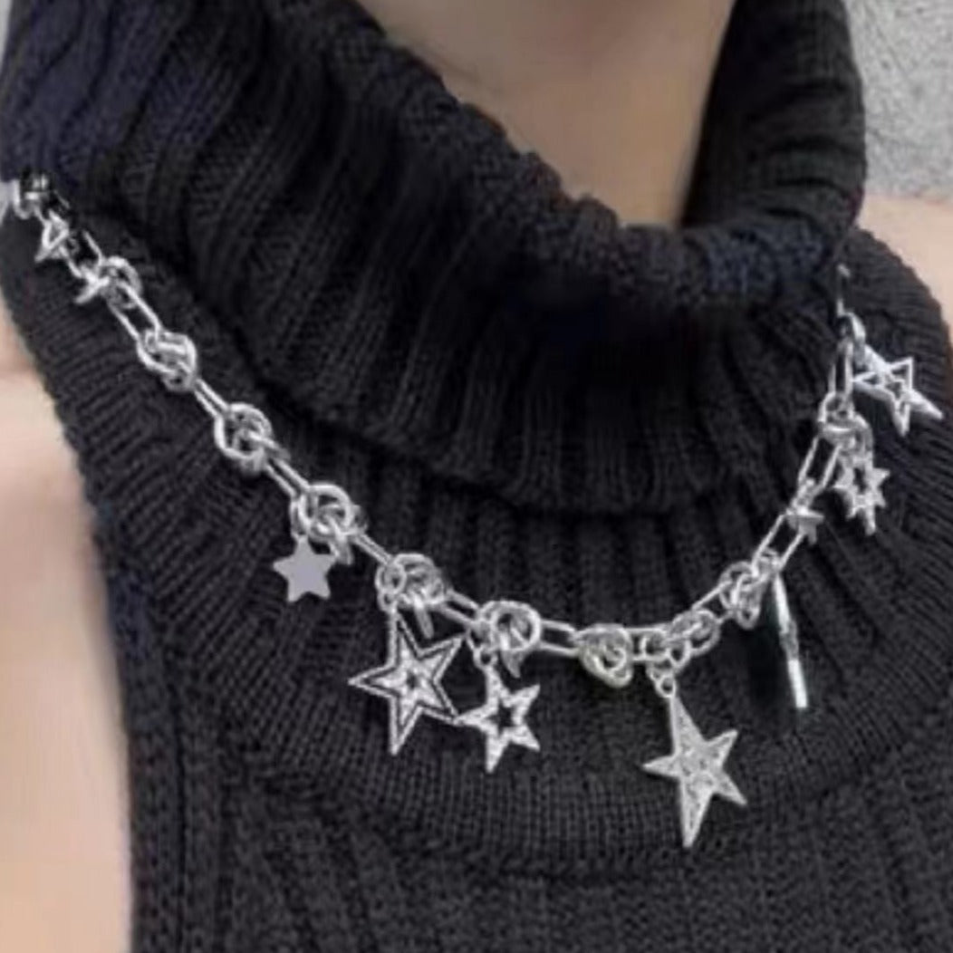 Star rhinestone pendant metal chain necklace