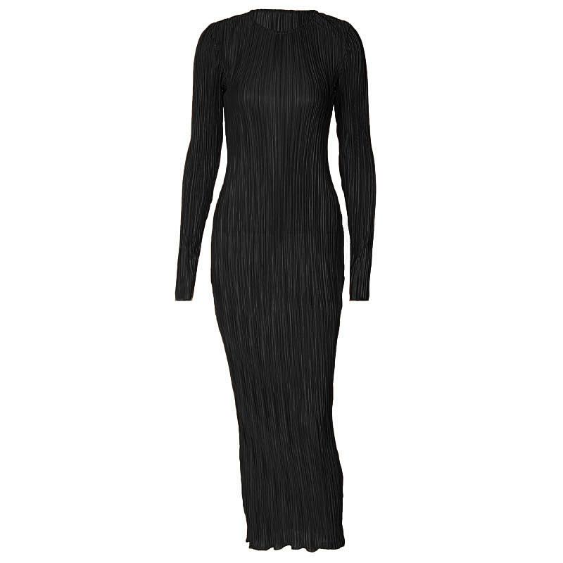 Long sleeve crewneck ruffle textured solid maxi dress