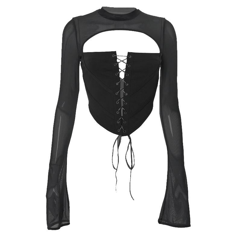 Lace up flared sleeve crewneck corset hollow out backless top y2k 90s Revival Techno Fashion