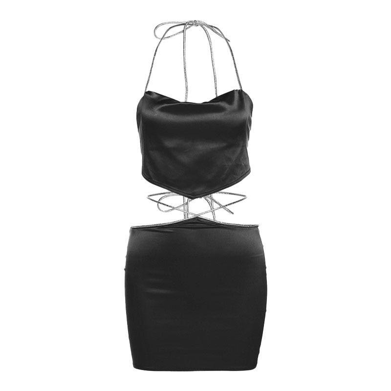 Halter self tie backless zip-up solid cowl neck mini skirt set y2k 90s Revival Techno Fashion