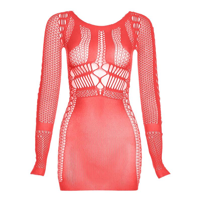 Fishnet long sleeve round neck hollow out see through solid mini dress y2k 90s Revival Techno Fashion