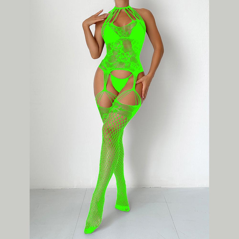 Halter fishnet lace suspender strappy bodystocking