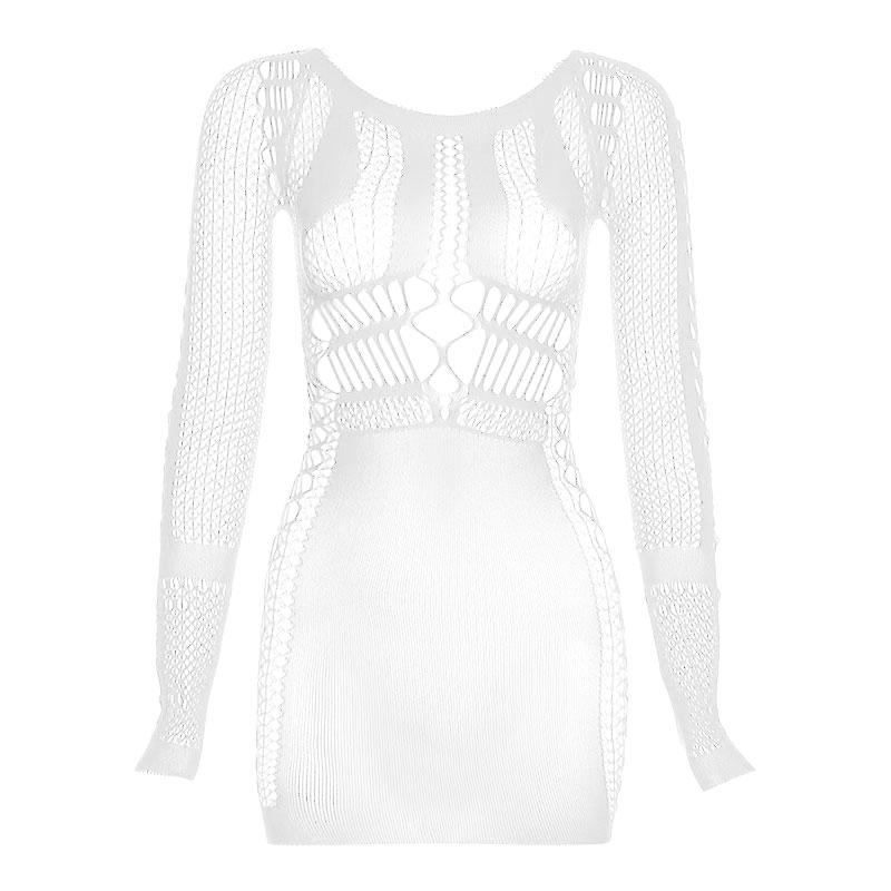 Fishnet long sleeve round neck hollow out see through solid mini dress y2k 90s Revival Techno Fashion