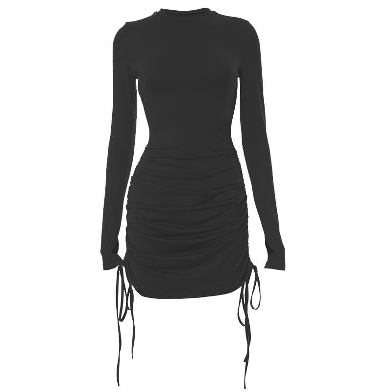 Long sleeve drawstring gloves solid mini dress