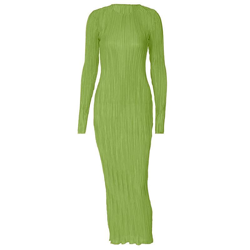 Long sleeve crewneck ruffle textured solid maxi dress