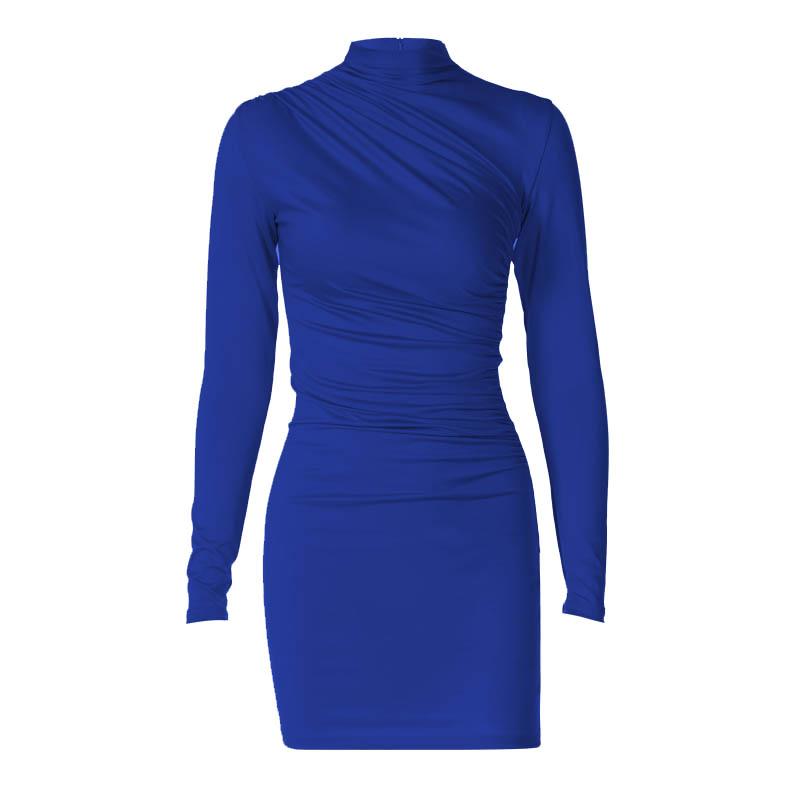 Ruched solid high neck long sleeve mini dress