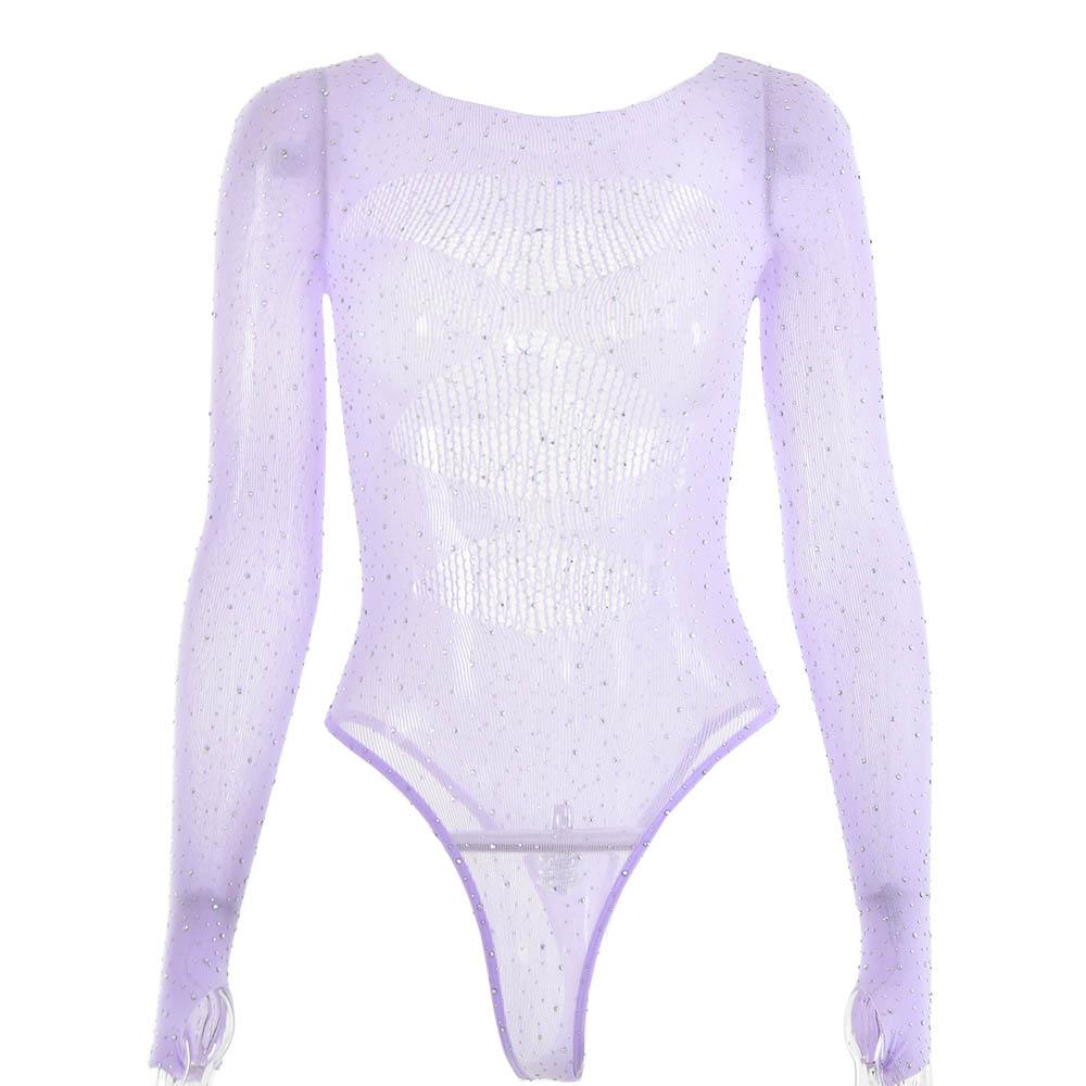 Fishnet solid beaded long sleeve gloves round neck bodysuit