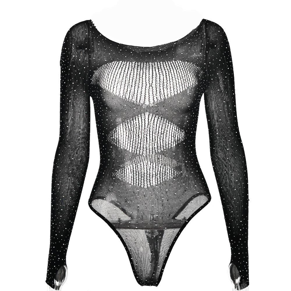 Fishnet solid beaded long sleeve gloves round neck bodysuit