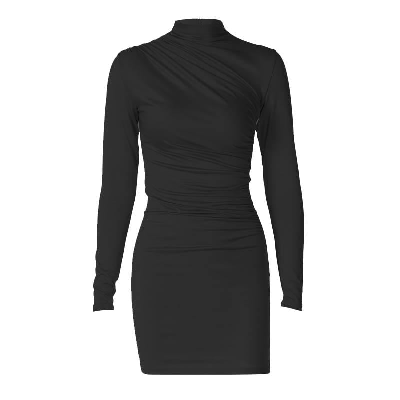 Ruched solid high neck long sleeve mini dress