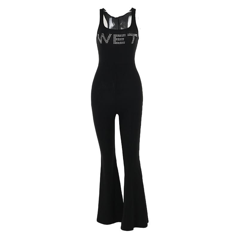 "WET" pattern beaded contrast u neck jumpsuit