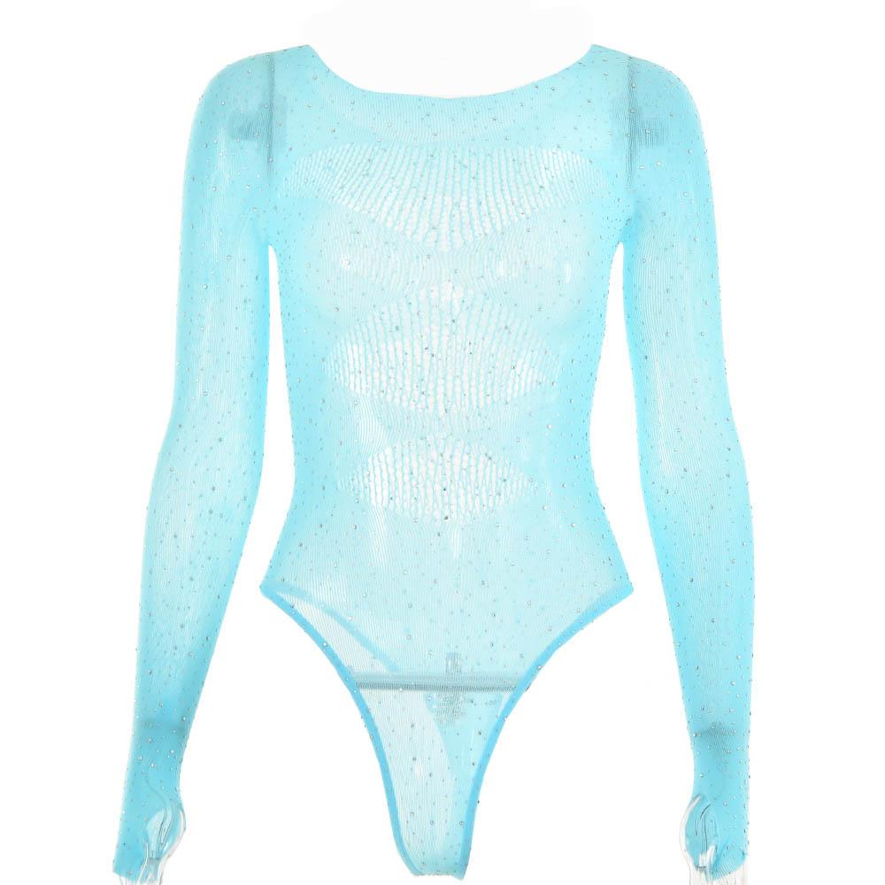 Fishnet solid beaded long sleeve gloves round neck bodysuit