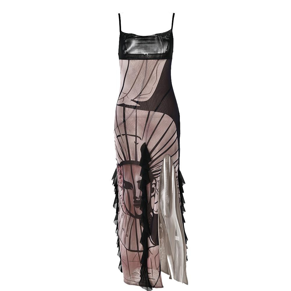 Sheer mesh print abstract ruffle patchwork cami midi dress