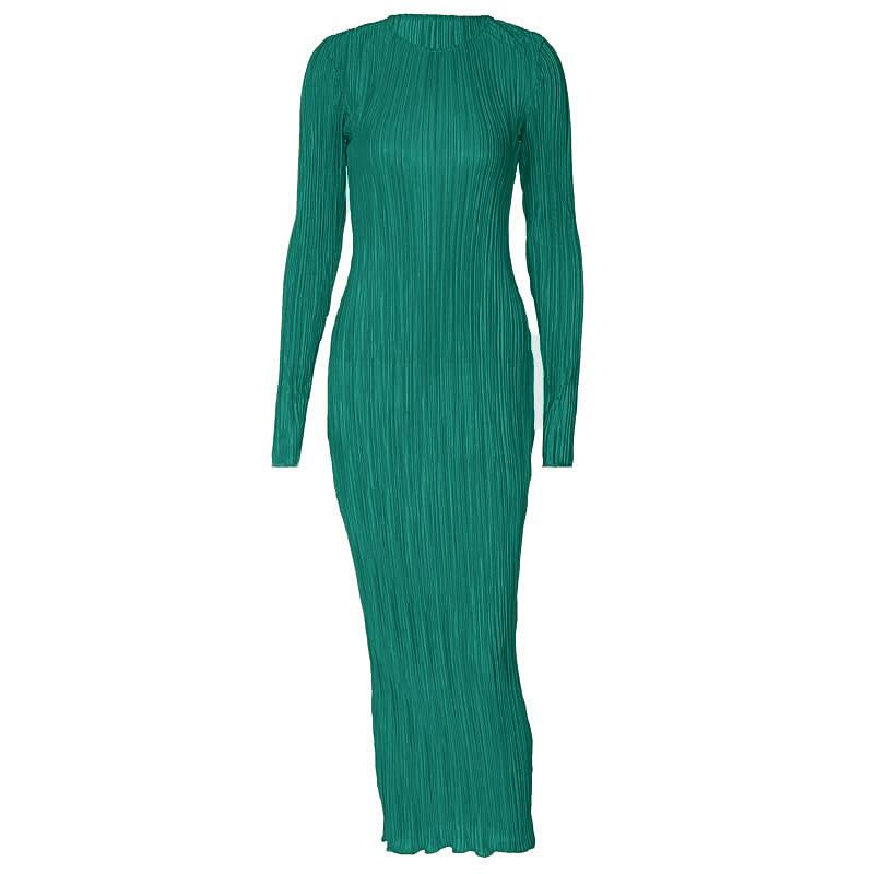 Long sleeve crewneck ruffle textured solid maxi dress