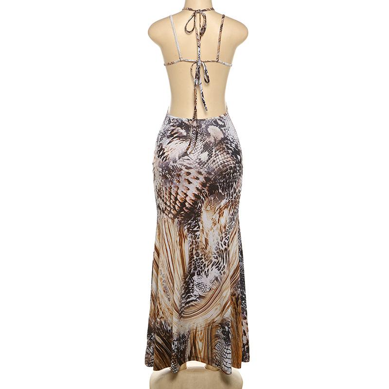 Hollow out snakeskin print halter self tie maxi dress