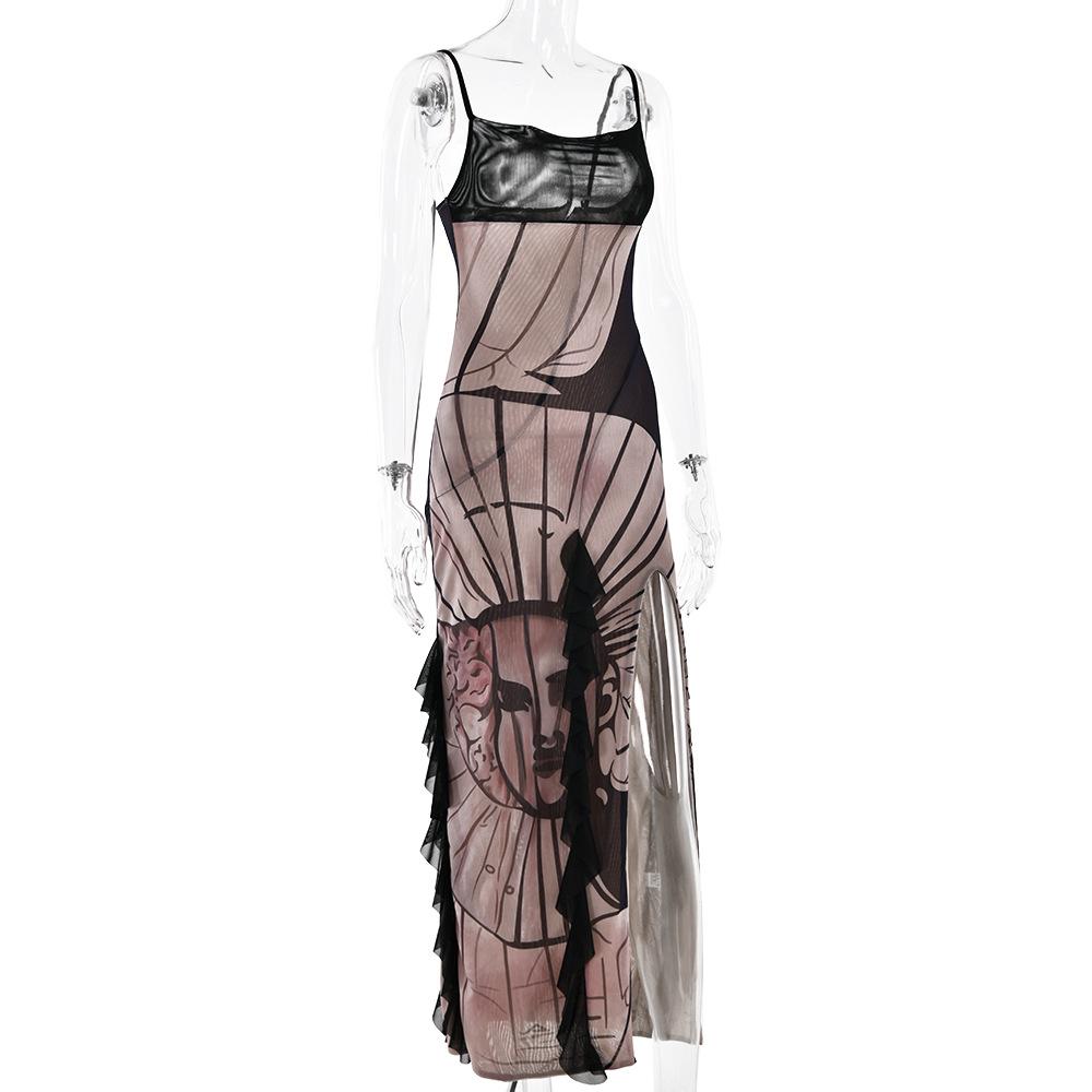 Sheer mesh print abstract ruffle patchwork cami midi dress