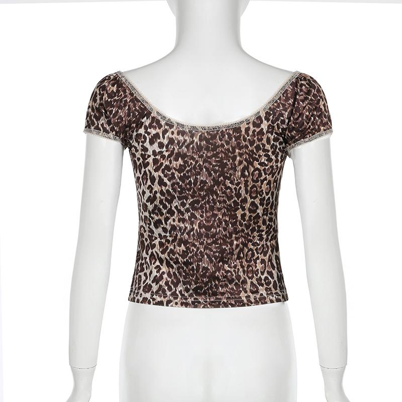 Short puff sleeve leopard print bowknot top