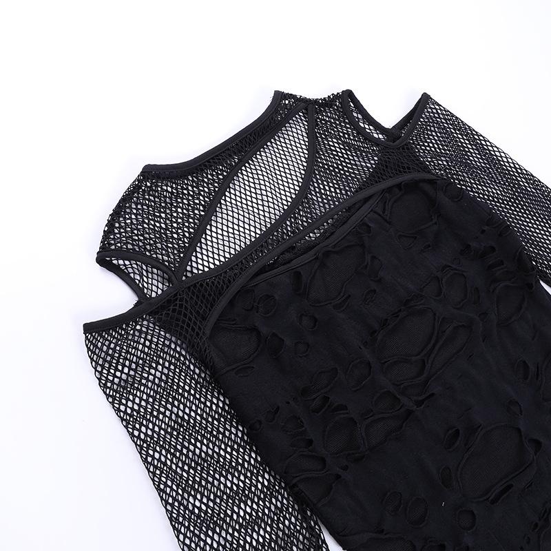 Long sleeve fishnet hollow out irregular see through top