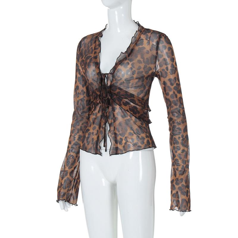 Long flared sleeve leopard print ruffle knotted sheer mesh top