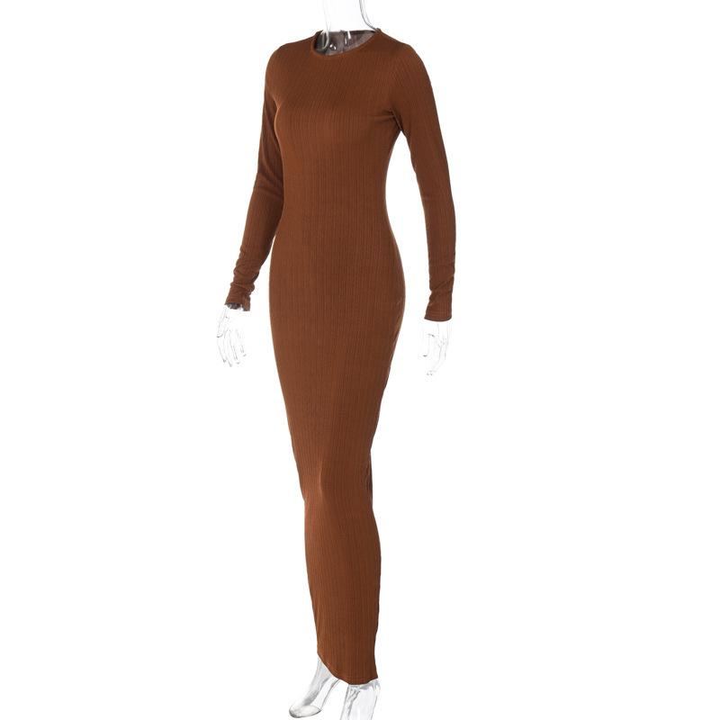 Long sleeve solid round neck maxi dress