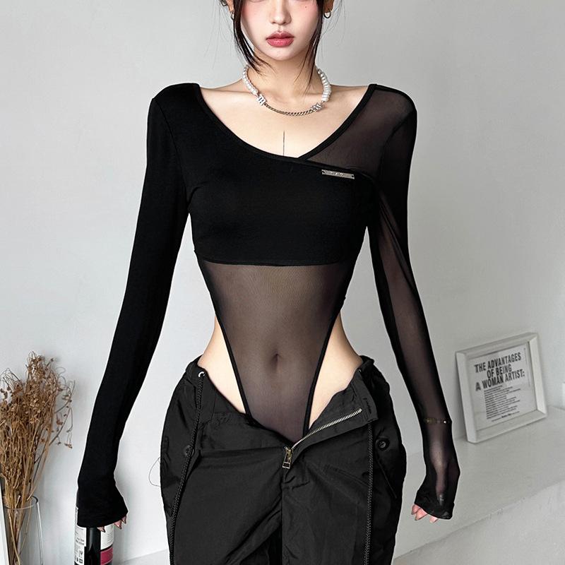 Long sleeve mesh metal tag patchwork bodysuit