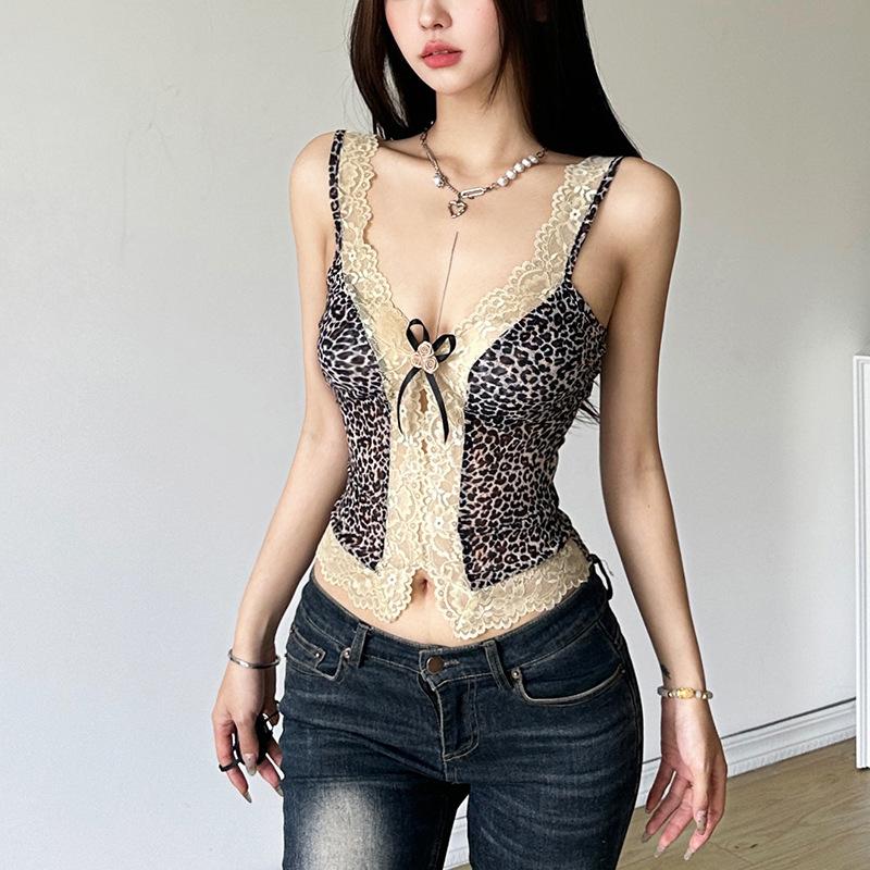 Leopard print lace bowknot rose applique cami top