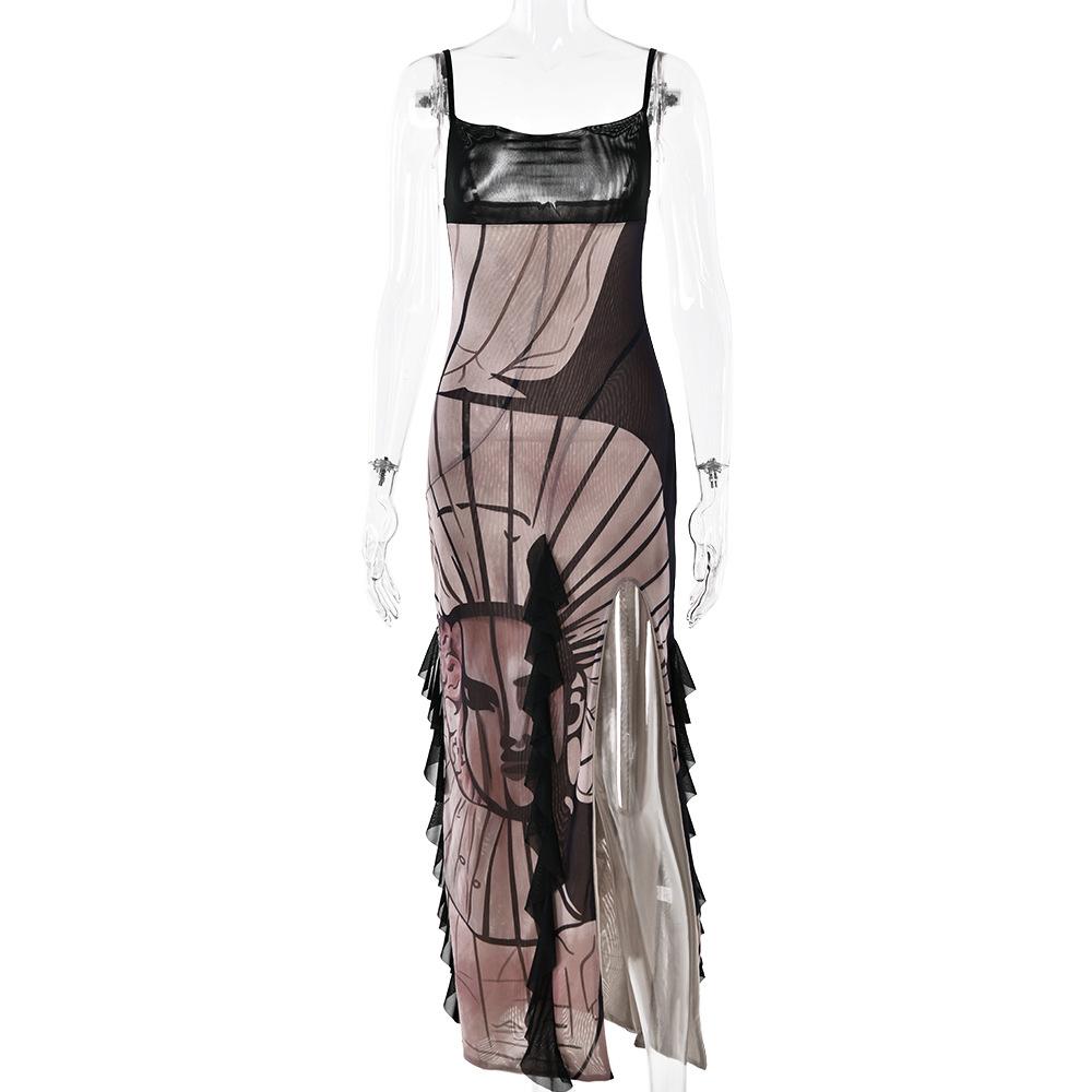 Sheer mesh print abstract ruffle patchwork cami midi dress