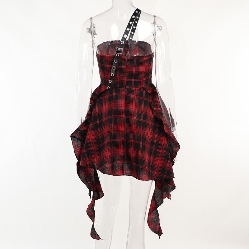 Ruffle plaid zip-up irregular one shoulder backless mini dress