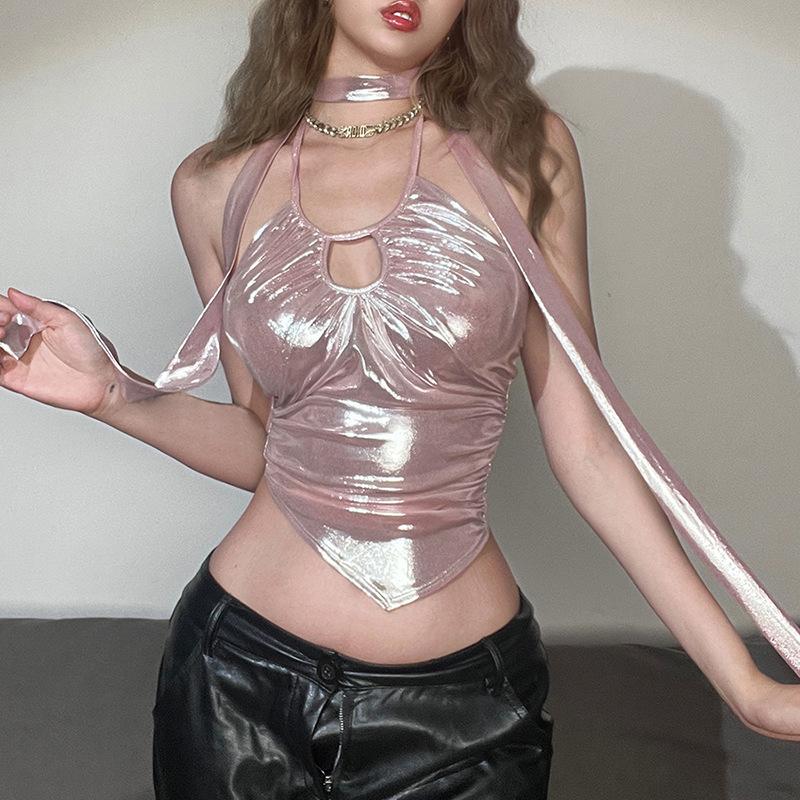 Metallic halter backless hollow out irregular ruched crop top