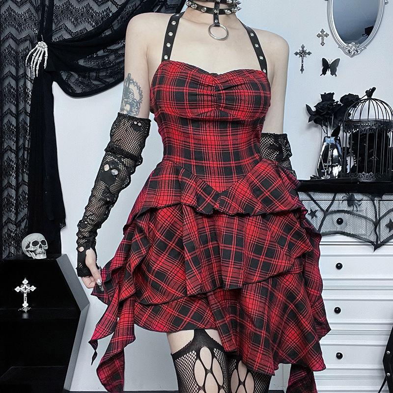 Zip-up halter contrast irregular plaid backless mini dress goth Alternative Darkwave Fashion victorian goth fashion goth Emo Darkwave Fashion