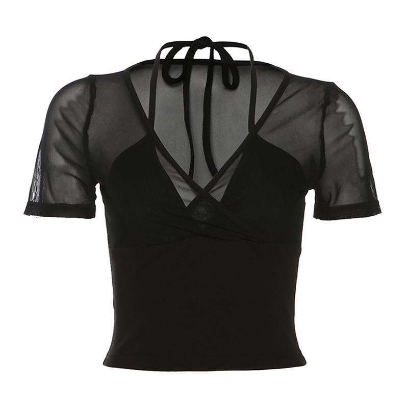 Halter v neck short sleeve mesh cross front top