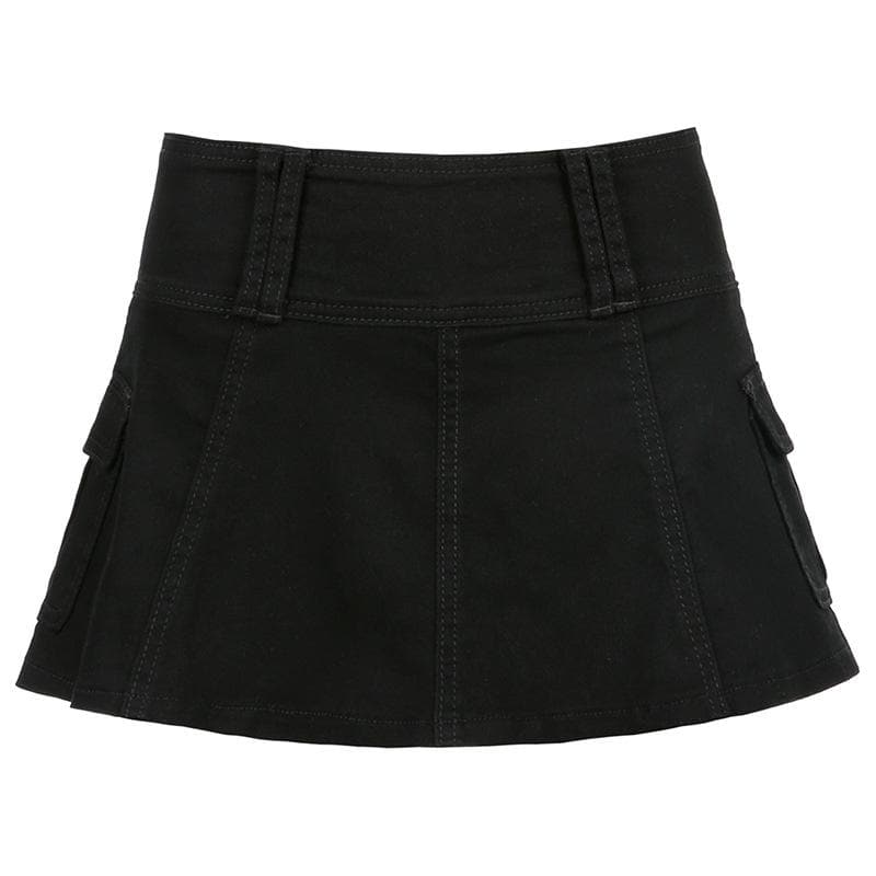 A line zip-up cargo pocket solid medium rise denim midi skirt y2k 90s Revival Techno Fashion