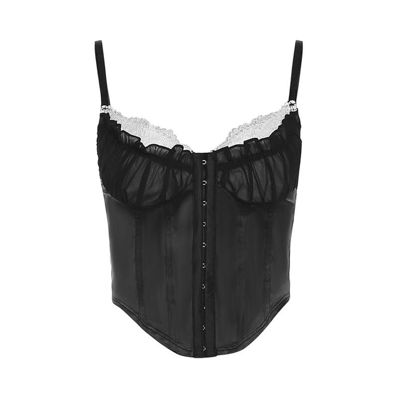 Button lace hem patchwork ruched contrast corset crop top