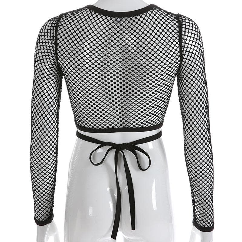 Round neck long sleeve tie back fishnet top goth Alternative Darkwave Fashion goth Emo Darkwave Fashion