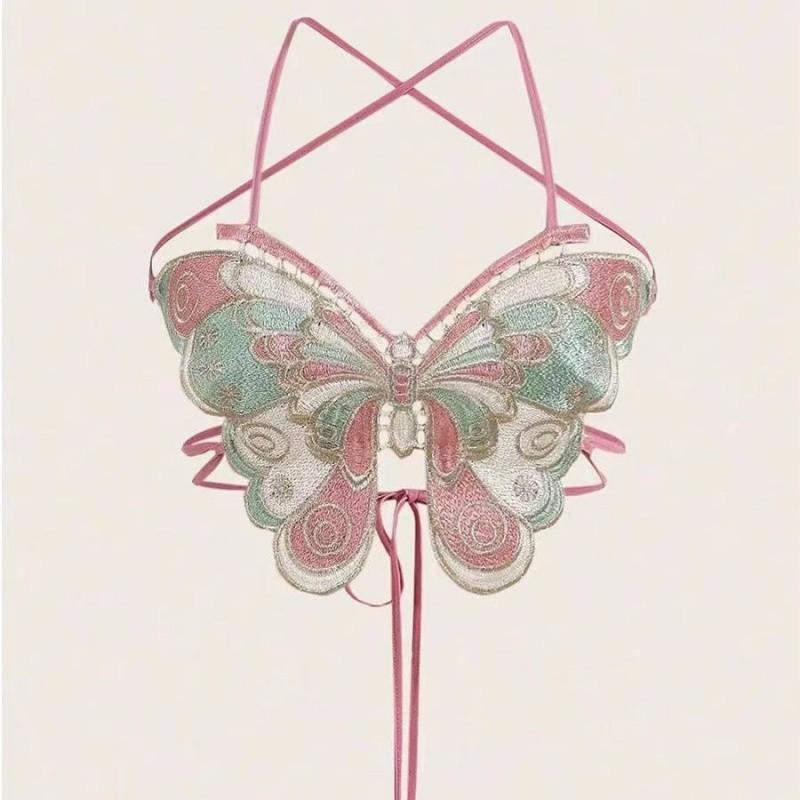 Contrast embroidery butterfly cross backless crop top