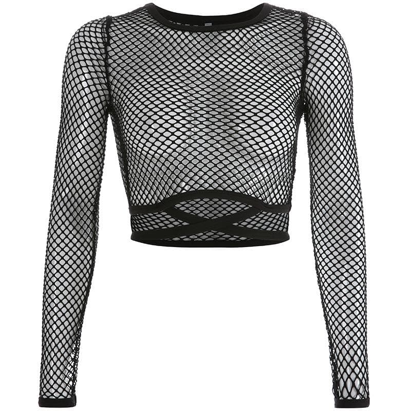 Round neck long sleeve tie back fishnet top goth Alternative Darkwave Fashion goth Emo Darkwave Fashion