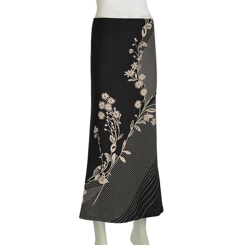 Polka dot flower print contrast maxi skirt