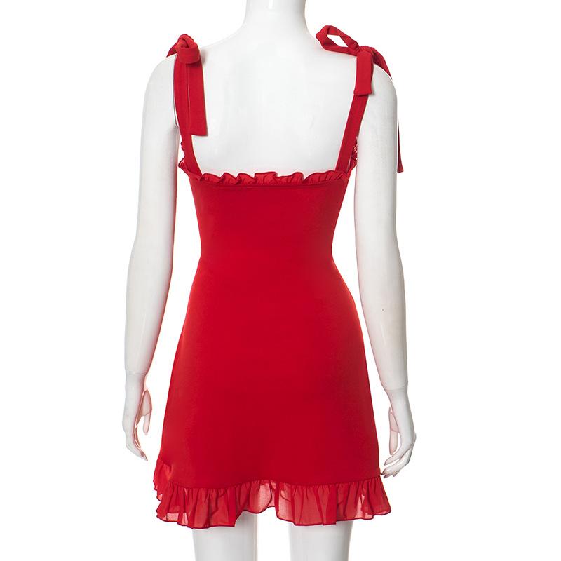 Sweetheart neck ruffle backless knotted cami mini dress