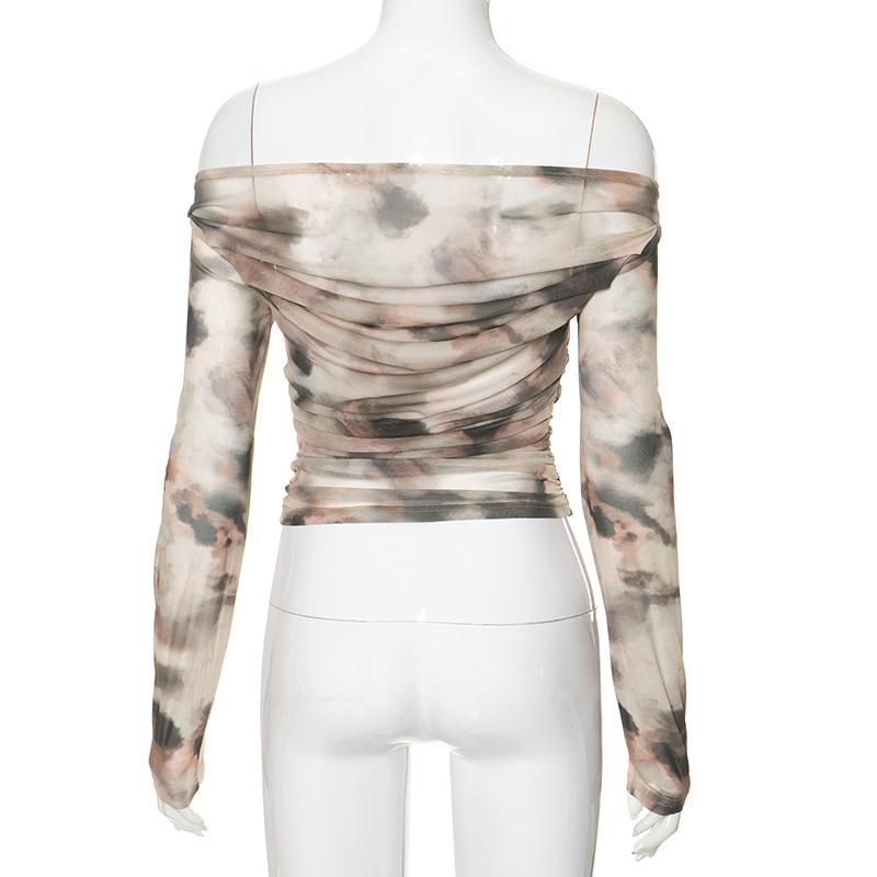 Tie dye contrast mesh ruched off shoulder long sleeve top