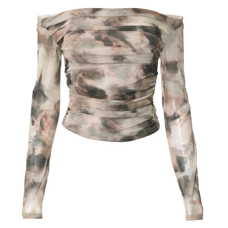 Tie dye contrast mesh ruched off shoulder long sleeve top