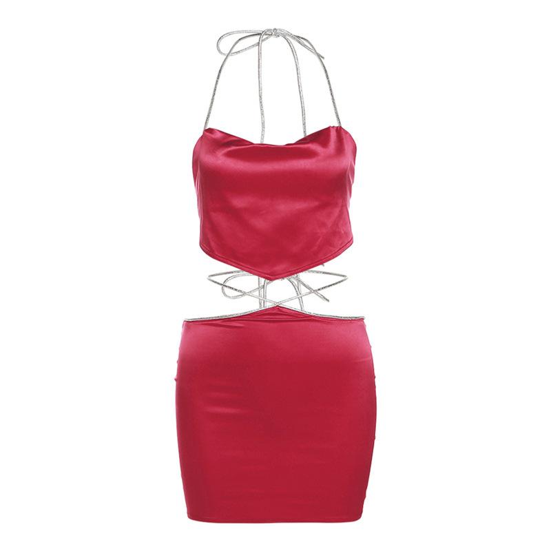 Halter self tie backless zip-up solid cowl neck mini skirt set y2k 90s Revival Techno Fashion