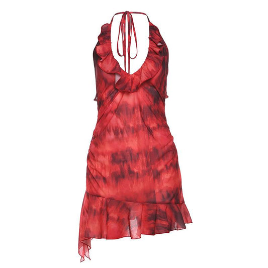 Halter ruched tie dye ruffle backless mini dress