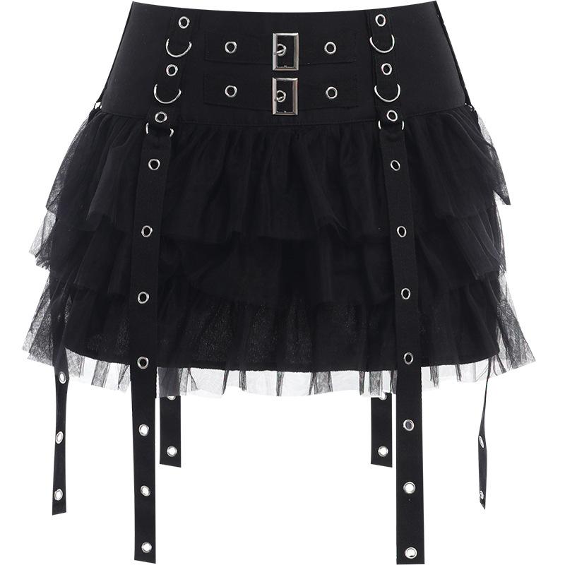 Buckle mesh zip-up ruched A line mini skirt goth Alternative Darkwave Fashion goth Emo Darkwave Fashion