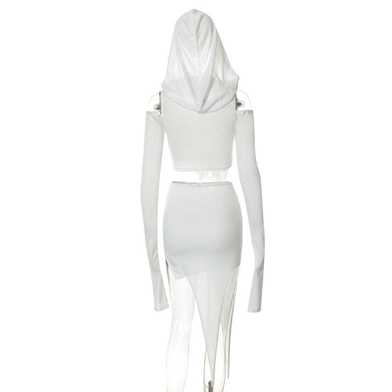 Hoodie irregular solid off shoulder long sleeve mini skirt set y2k 90s Revival Techno Fashion