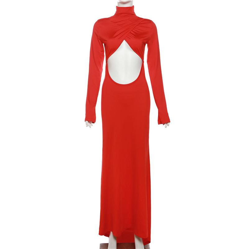 Hollow out solid long sleeve high neck zip-up maxi dress