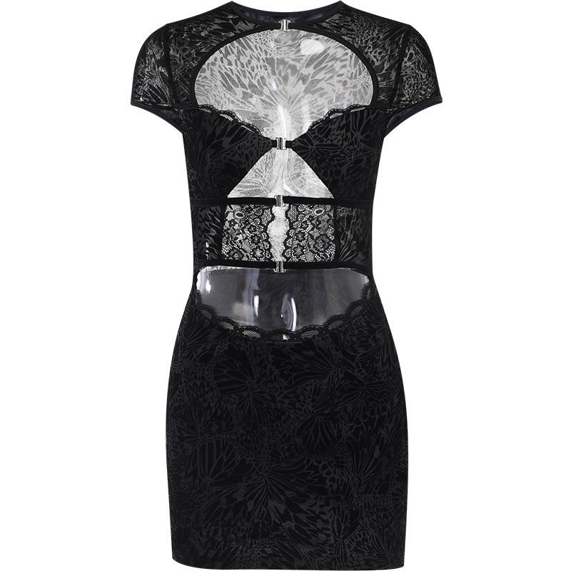 Button short sleeve hollow out textured mini dress goth Emo Darkwave Fashion